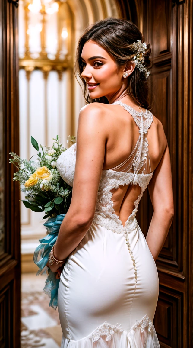 Kendall Jenner, (slender body), (huge breast), detailed face, (elf ear), happy smile, The girl is wearing a white wedding dress with a wonderful design, which wraps around her body elegantly. The dress opens with a large slit at the back, revealing the beauty of her back, and a hint of soft lace appears, adding to the elegance of the design. The girl looks very elegant, with a distinctive hairstyle that gives her overall appearance a touch of charm and beauty. The girl carries a wonderful bouquet of various flowers in bright and cheerful colors. The bouquet looks huge with roses, freesia, lilyum and other luscious and cheerful flowers. The bouquet gives a touch of romance and beauty to its bridal look. The girl is shown standing inside the wedding hall with warm and romantic lighting. The thin curtains flowed beside her, reflecting gentle lights onto her dress to make it appear even more sparkling. The luxurious decorations in the hall complement the charming ambiance, such as ornate walls, columns and golden decorations. The bride-girl looks gorgeous and radiant amidst this luxurious environment. Her elegant look and carrying a bouquet of flowers give the photo beauty and great appeal, and she looks perfect as a charming bride eagerly awaiting the new beginning of their shared life., cleavage exposed, big breasts, superior quality, many details, Puri focus Sharp and realistic