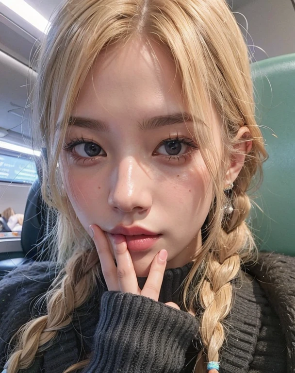 blonde with braided hair sitting on a train looking at the camera, parque roseanne de blackpink, jossi do blackpink, rose do Blackpink, rose do Blackpink, rose do Blackpink, portrait of jossi do blackpink, Kim Doyoung, Lalisa Manoban do Blackpink, Jinyoung Shin, retrato de jisoo blackpink, Heonhwa Choe, ela tem um rosto fofo