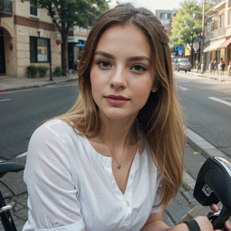 The Stable Diffusion prompt for the given theme "long blonde hair red lips, plain white shirt, riding a bike" can be as follows: "(best quality,4k,8k,highres,masterpiece:1.2),ultra-detailed,(realistic,photorealistic,photo-realistic:1.37),portraits,vivid colors,long blonde hair,red lips,plain white shirt,riding a bike,beautiful detailed eyes,beautiful detailed lips,extremely detailed face,relaxed expression,gentle lighting,background of a busy road,soft focus,subtle shadows"