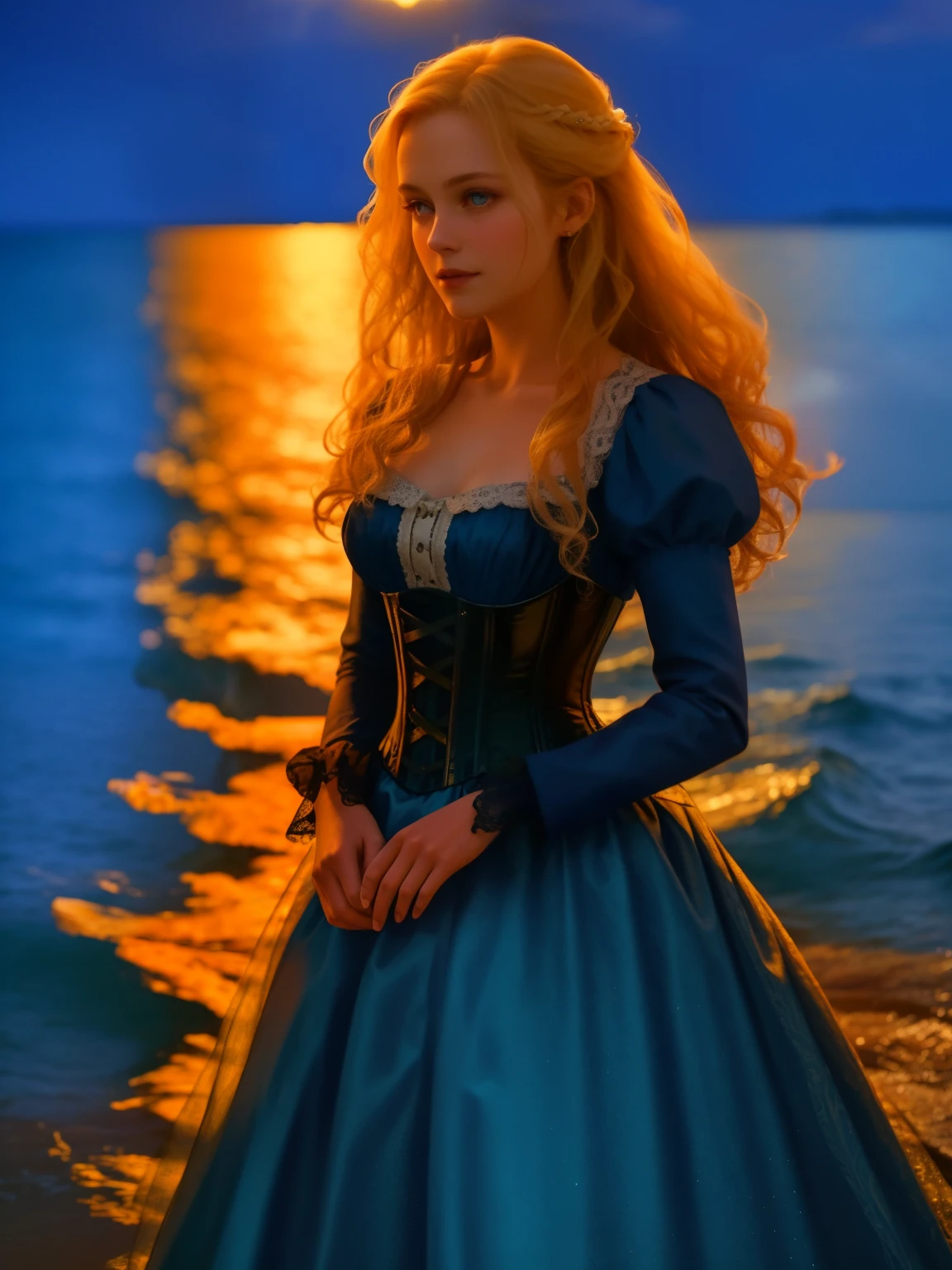 Gloomy picture, Dark background, a girl in a ball gown with a corset stands against the background of the sea, light dress, detailed bodice, blond long hair, detailed background, against the background of the sea, Cinematic Picture, still from the film, masterpiece, masterpieceальное качество, High quality, natural light, beautiful detailed face, portrait