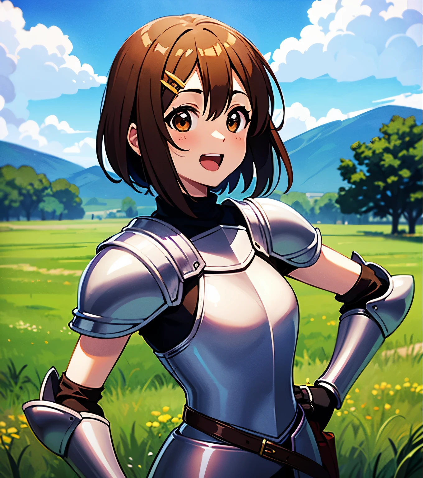 ((masterpiece)),(high details), (best quality),((perfect face)),((perfect fingers)),(high resolution), (1 girl in a field with a blue sky and clouds),Hirasawa Yui,K-ON anime,((short hair)),(brown hair),((brown eyes)),hair clip,(((wear knight armor))),open mouth and smile,hand on hip, morning day,scenery grass field with a blue sky,countryside landscape, beautiful anime scenery,anime nature, beautiful peace scene,cowboyshot, from side,