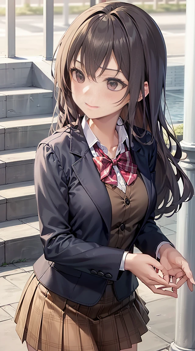 ((on the table, best quality, high resolution, north african trade zone, Pixel perfect,  4K, north african trade zone, north african trade zone))), 1 girl in, single, alone, beauty、see whole body、 ((medium wavy hair, Bangs, brown hair)), ((brown eyes, beauty的睫毛, realistic eyes)), ((Detailed face, blush:1.2)), ((smooth texture:0.75, lifelike质感:0.65, lifelike:1.1, Anime CG style)), medium breasts, dynamic angle, Perfect body,  ((red bow tie, , black jacket, open jacket, Brown cardigan, White shirt, black skirt, Plaid skirt)), City stairs、Looking up from the bottom of the stairs、Very embarrassing panic smile, turn around、bend forward、(The wind blows through the skirt，Expose assa........................、Stroke your buttocks with both hands、Pink floral lace)、