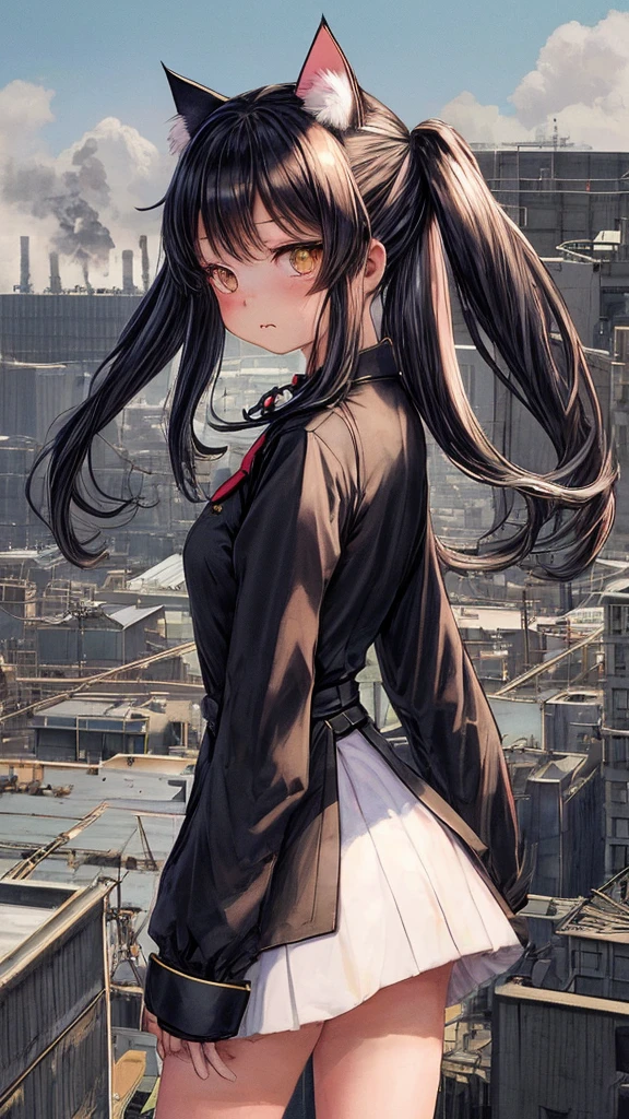 Cat-eared girl、cute、uniform、A girl wearing clothes that show off her back、muzzle firing bullets、Real Style、There is a hill nearby、A big black factory in the far background、Silence from the chimney々black smoke rising、赤色のuniformを着た女の子、Crisp Ome