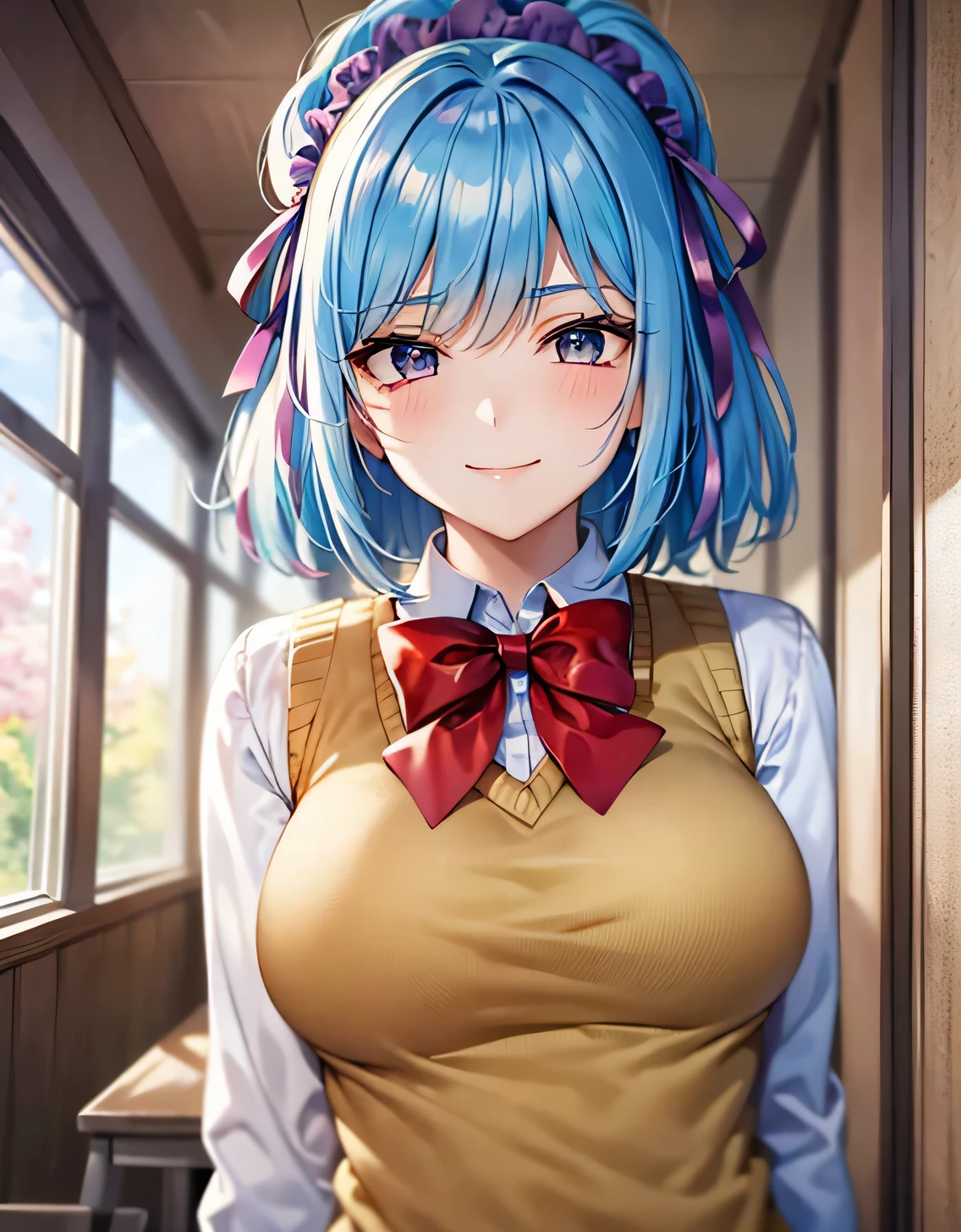 super detailed,facility,1 girl,light blue hair, purple eyes,Yellow sweater vest, white shirt, ((red bow:1.2)), (Green plaid skirt),smile,Purple headdress,long sleeve,ponytail,short hair,(purple ribbon:1.1),(big breasts:1.5),looking at the viewer,Are standing,(((masterpiece))),((highest quality)),perfect anatomy,8K UHD,highly detailed face,luster and luster,((1 girl)),((alone)),(beautiful and fine eyes:1.5),perfect image,(Upper body:1.1),(look ahead:1.1),turn your arms behind your back,slim waist,(shiny hair),classroom,