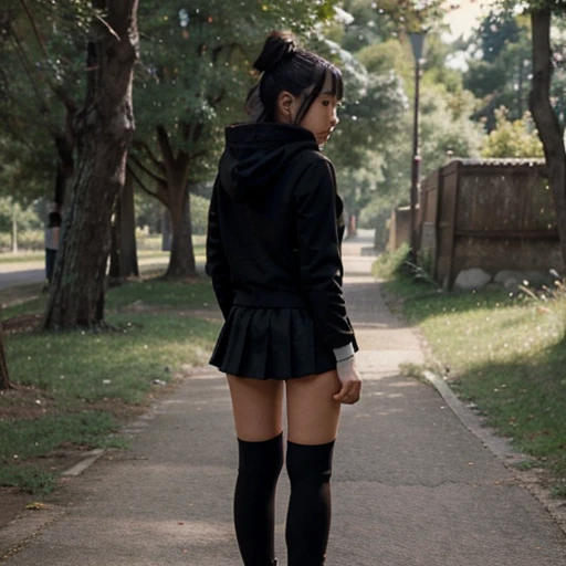 Asian girl wearing a with a short skirt, knee-high socks and black shoes with her back on a path surrounded by trees and looking at a person with a hood watching