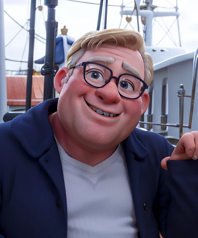 happy sailor man, blond 50 years old, chubby, thick lips, glasses, smooth face