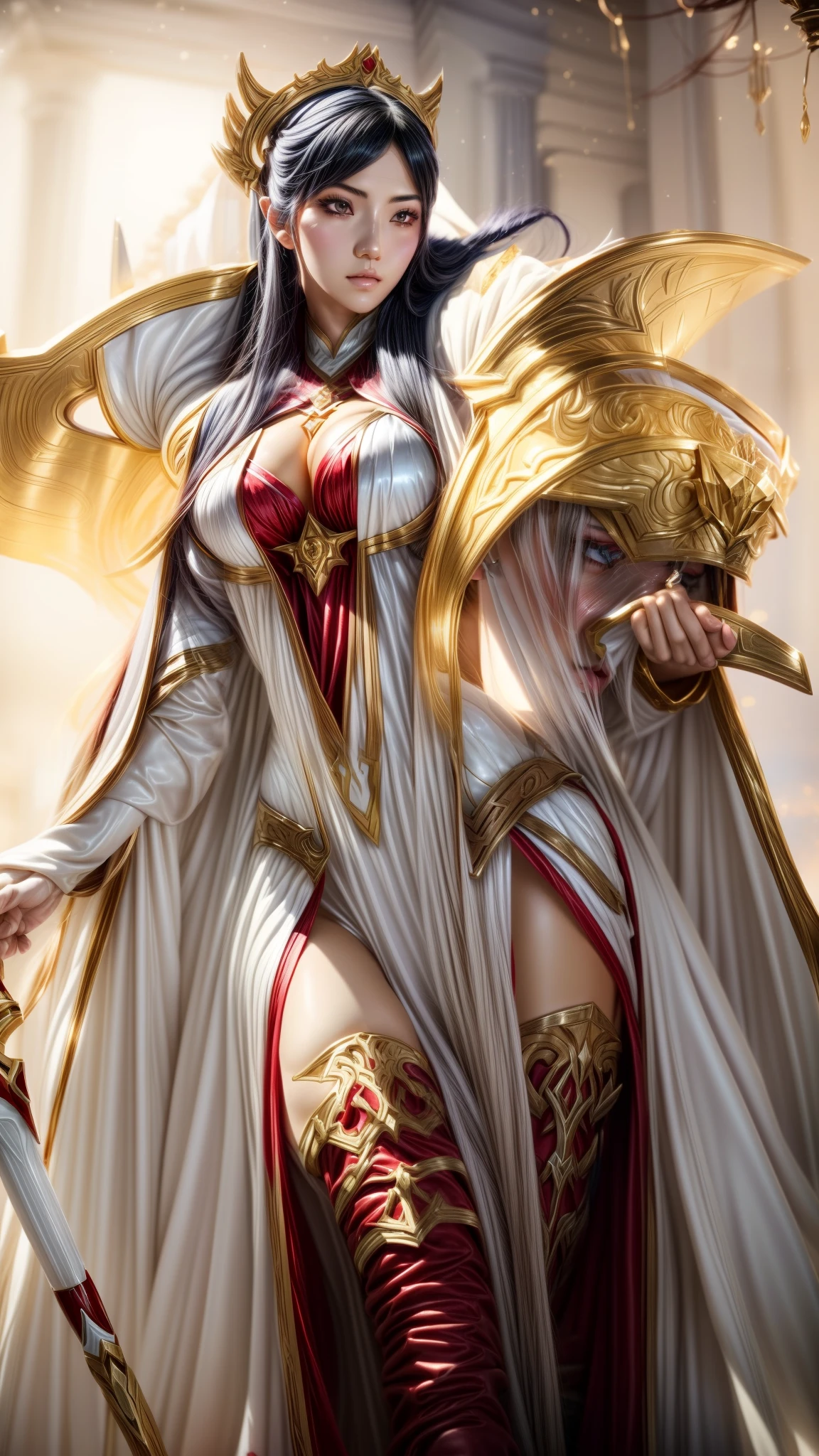 a close up of a woman in a white and red outfit holding a magic Wand, irelia, irelia from league of legends, extremely detailed artgerm, white and gold priestess robes, ig model | artgerm, inspired by Leona Wood, style artgerm, style league of legends, fiora from league of legends