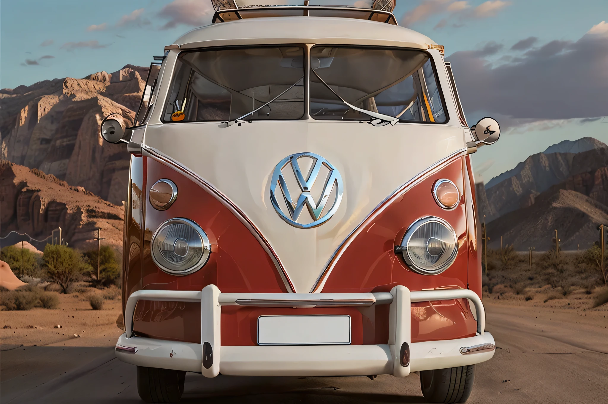 a volkswagen kombi rolling in a desert, red and white, vintage, restored