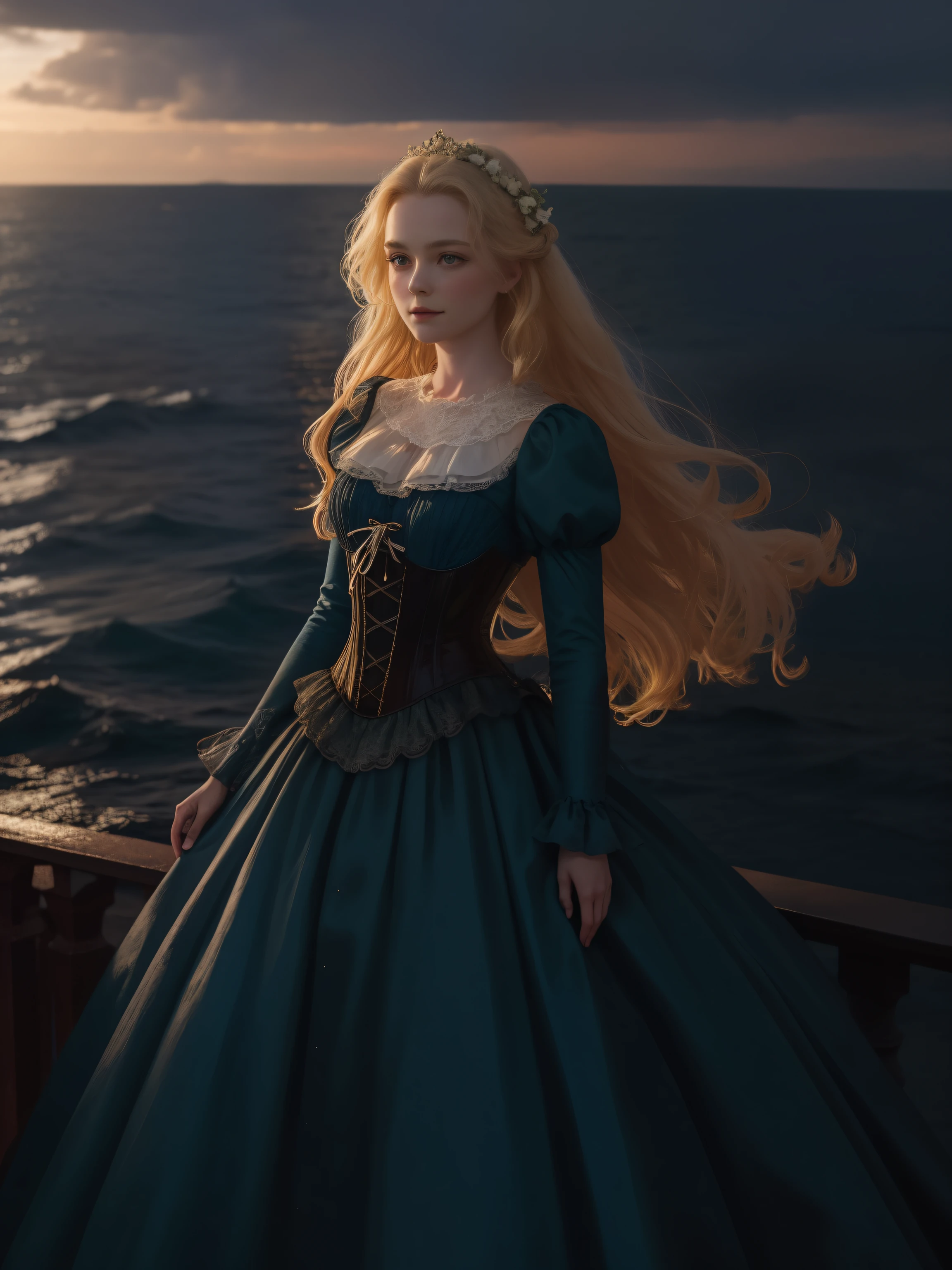 Gloomy picture, Dark background, a girl in a ball gown with a corset stands against the background of the sea, light dress, detailed bodice, blond long hair, detailed background, against the background of the sea, Cinematic Picture, still from the film, masterpiece, masterpieceальное качество, High quality, natural light, beautiful detailed face