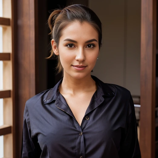 A portrait of a young woman with an elegant and sophisticated style. Her hair is pulled back into a ponytail with loose strands softly framing her face. She wears dark brown batik shirt, the portrait should exude poise and fashion-forward elegance.