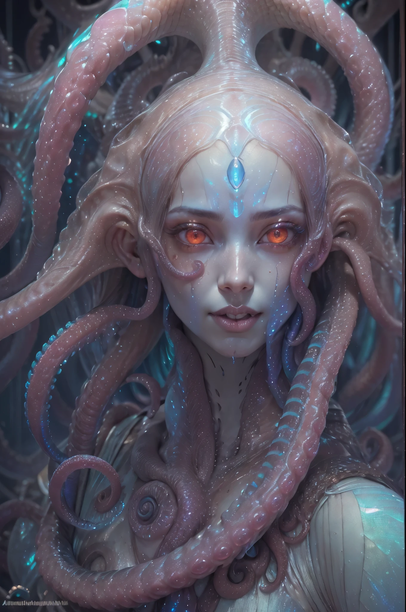 (1 beautiful and obscene female alien:1.4), (There is a female genital-like organ in the middle of her forehead:1.95), SHe has medusa-like hair, (there are lots of translucent tentacles from her head like her hair:1.8), (vulgarity1.7), (she is looking at viewers with glowing red eyes with no pupils:1.8), (She has translucent pale skin:1.7),(She has the most beautiful face in the history of the universe:1.2), (She has multiple bioluminescent organs on the side of her tentacles:1.4), (Her body is covered with an iridescent exoskeleton:1.6), (She is showing her arm pits:1.4), an evil gaze that seduces, (large mouth:1.1), (sharp teeth like a vampire:1.2), Full body portrait, (bio luminescent:1.5), (Smile wickedly:1.3), (sexypose:1.5), alien, No humans, cells are fused, extraterrestrial, cell, bio image, masterpiece, ultra high resolution, (photos realistic:1.7), scary and sexy detailed art in color, best quality, 8K,In 4K_quality, High freshness, Dramatic Lighting, cinematic quality, (exquisite details:1.2), High freshness, drawing faithfully, (Thick eyebrows:1.2), Beautiful eyes with fine symmetry,(Highly detailed face and eyes:1.2),(Super detailed skin quality feeling:1.4), perfect anatomy, (Beautiful toned body:1.5), (Moist skin:1.2), not wearing makeup, (dark circles:1.1), long canines, cinematic drawing of characters, cinematic quality, (exquisite details:1.2), high resolution, High freshness, drawing faithfully, official art, Unity 8K Wall paper, ultra detailed artistic photography, midnight aura, unreal engine 5, Ultra Sharp Focus, art by Amano Yoshitaka, ArtGerm, Roisch, intricate artwork,ultra realistic realism, dream-like, Creation of fantasy, dream Snail, (biopunk nautilus:1.3),Thrilling color schemes, seductively smiling, Amazing mutation, well-proportioned body, goddess of the deep sea, fractal, Geometric pattern, impossible figures,(asymmetry:1.4), (white tentacles with blue stripes:1.4), subtle emerald green accents, (expression of ecstasy:1.6)