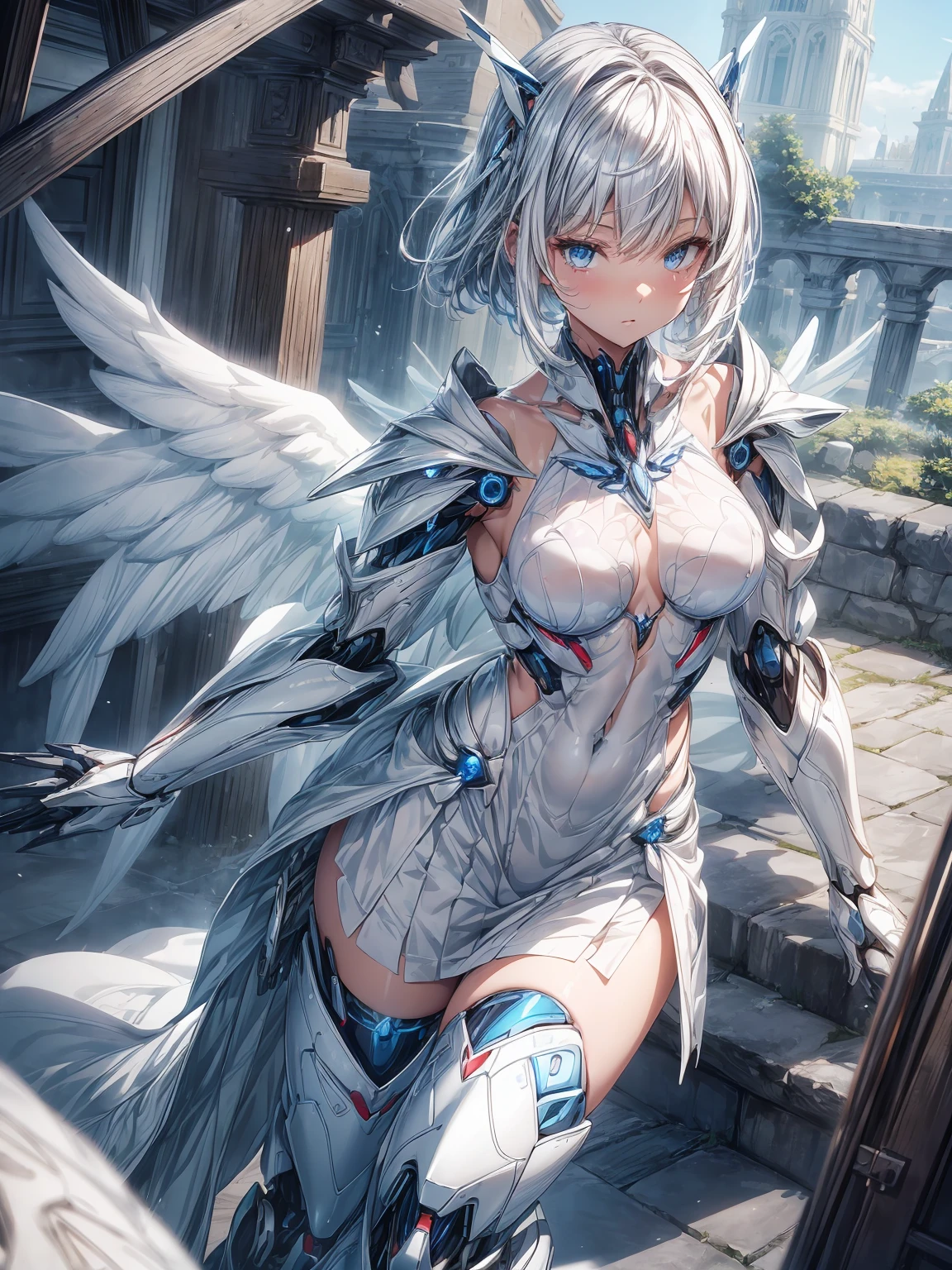 (delicate manga style:1.1), cool beauty, (one woman:1.0), (20-year-old:1.0), (small breasts:1.2), outdoor, Day, Sunny, fly outdoors, over european cities,
(wide shot:1.0), (Depth of written boundary:1.1), (From the side: 0.7), (From above:1.0),
Blake
(anime face:1.0), (clear blue eyes:1.0), (Cybernetic Genoid:1.1), (highly detailed mecha suit:1.3), (white gothic cuirass:1.2), (silver short hair:1.0),
(white luxury wizard dress skirt:1.3), (decorative embroidery:1.0),
(angel wings:1.1),