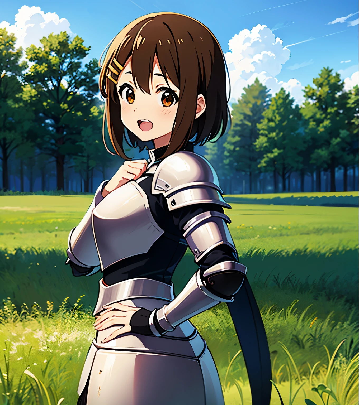 ((masterpiece)),(high details), (best quality),((perfect face)),((perfect fingers)),(high resolution), (1 girl in a field with a blue sky and clouds),Hirasawa Yui,K-ON anime,((short hair)),(brown hair),((brown eyes)),hair clip,(((wear knight armor))),open mouth and smile,hand on hip, morning day,scenery grass field with a blue sky,countryside landscape, beautiful anime scenery,anime nature, beautiful peace scene,cowboyshot, from side,