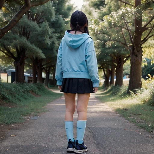 12-year-old Asian girl wearing a with a short skirt, light blue knee-high socks and black shoes, standing with her back on a path surrounded by trees and looking at a person with a hood watching.