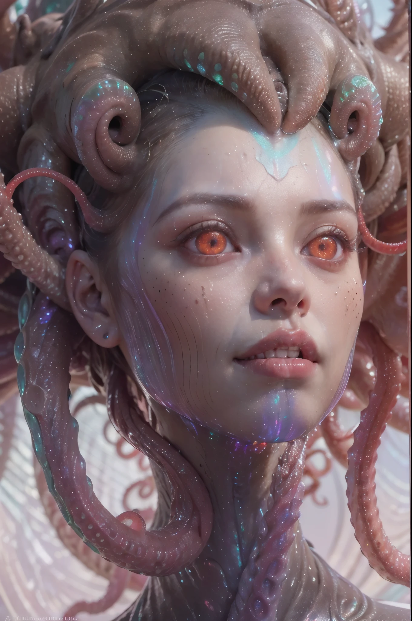 (1 beautiful and obscene female alien:1.4), (There is a female genital-like organ in the middle of her forehead:1.95), SHe has medusa-like hair, (there are lots of translucent tentacles from her head like her hair:1.8), (vulgarity1.7), (she is looking at viewers with glowing red eyes with no pupils:1.8), (She has translucent pale skin:1.7),(She has the most beautiful face in the history of the universe:1.2), (She has multiple bioluminescent organs on the side of her tentacles:1.4), (Her body is covered with an iridescent exoskeleton:1.6), (She is showing her arm pits:1.4), an evil gaze that seduces, (large mouth:1.1), (sharp teeth like a vampire:1.2), Full body portrait, (bio luminescent:1.5), (Smile wickedly:1.3), (sexypose:1.5), alien, No humans, cells are fused, extraterrestrial, cell, bio image, masterpiece, ultra high resolution, (photos realistic:1.7), scary and sexy detailed art in color, best quality, 8K,In 4K_quality, High freshness, Dramatic Lighting, cinematic quality, (exquisite details:1.2), High freshness, drawing faithfully, (Thick eyebrows:1.2), Beautiful eyes with fine symmetry,(Highly detailed face and eyes:1.2),(Super detailed skin quality feeling:1.4), perfect anatomy, (Beautiful toned body:1.5), (Moist skin:1.2), not wearing makeup, (dark circles:1.1), long canines, cinematic drawing of characters, cinematic quality, (exquisite details:1.2), high resolution, High freshness, drawing faithfully, official art, Unity 8K Wall paper, ultra detailed artistic photography, midnight aura, unreal engine 5, Ultra Sharp Focus, art by Amano Yoshitaka, ArtGerm, Roisch, intricate artwork,ultra realistic realism, dream-like, Creation of fantasy, dream Snail, (biopunk nautilus:1.3),Thrilling color schemes, seductively smiling, Amazing mutation, well-proportioned body, goddess of the deep sea, fractal, Geometric pattern, impossible figures,(asymmetry:1.4), (white tentacles with blue stripes:1.4), subtle emerald green accents, (expression of ecstasy:1.6)