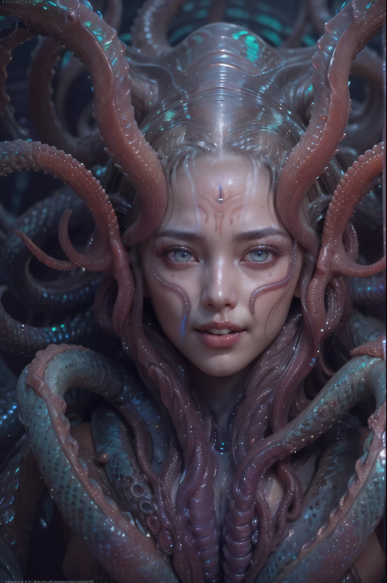 (1 beautiful and obscene female alien:1.4), (There is a female genital-like organ in the middle of her forehead:1.95), SHe has medusa-like hair, (there are lots of translucent tentacles from her head like her hair:1.8), (vulgarity1.7), (she is looking at viewers with glowing red eyes with no pupils:1.8), (She has translucent pale skin:1.7),(She has the most beautiful face in the history of the universe:1.2), (She has multiple bioluminescent organs on the side of her tentacles:1.4), (Her body is covered with an iridescent exoskeleton:1.6), (She is showing her arm pits:1.4), an evil gaze that seduces, (large mouth:1.1), (sharp teeth like a vampire:1.2), Full body portrait, (bio luminescent:1.5), (Smile wickedly:1.3), (sexypose:1.5), alien, No humans, cells are fused, extraterrestrial, cell, bio image, masterpiece, ultra high resolution, (photos realistic:1.7), scary and sexy detailed art in color, best quality, 8K,In 4K_quality, High freshness, Dramatic Lighting, cinematic quality, (exquisite details:1.2), High freshness, drawing faithfully, (Thick eyebrows:1.2), Beautiful eyes with fine symmetry,(Highly detailed face and eyes:1.2),(Super detailed skin quality feeling:1.4), perfect anatomy, (Beautiful toned body:1.5), (Moist skin:1.2), not wearing makeup, (dark circles:1.1), long canines, cinematic drawing of characters, cinematic quality, (exquisite details:1.2), high resolution, High freshness, drawing faithfully, official art, Unity 8K Wall paper, ultra detailed artistic photography, midnight aura, unreal engine 5, Ultra Sharp Focus, art by Amano Yoshitaka, ArtGerm, Roisch, intricate artwork,ultra realistic realism, dream-like, Creation of fantasy, dream Snail, (biopunk nautilus:1.3),Thrilling color schemes, seductively smiling, Amazing mutation, well-proportioned body, goddess of the deep sea, fractal, Geometric pattern, impossible figures,(asymmetry:1.4), (white tentacles with blue stripes:1.4), subtle emerald green accents, (expression of ecstasy:1.6)