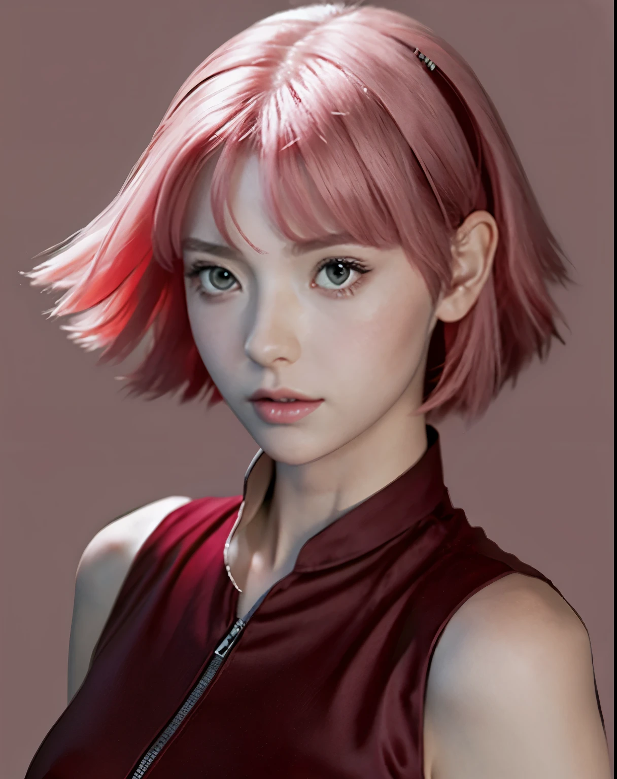 naruto shippuuden, , masterpiece, red shirt, shirt, short hair, sleeveless, sleeveless shirt, , d, 1girl, solo, bangs, breasts, closed mouth, elbow sleeve, eyes visible through hair, floating hair, foreshortening, green eyes, hair intakes, parted bangs, pink hair, portrait
