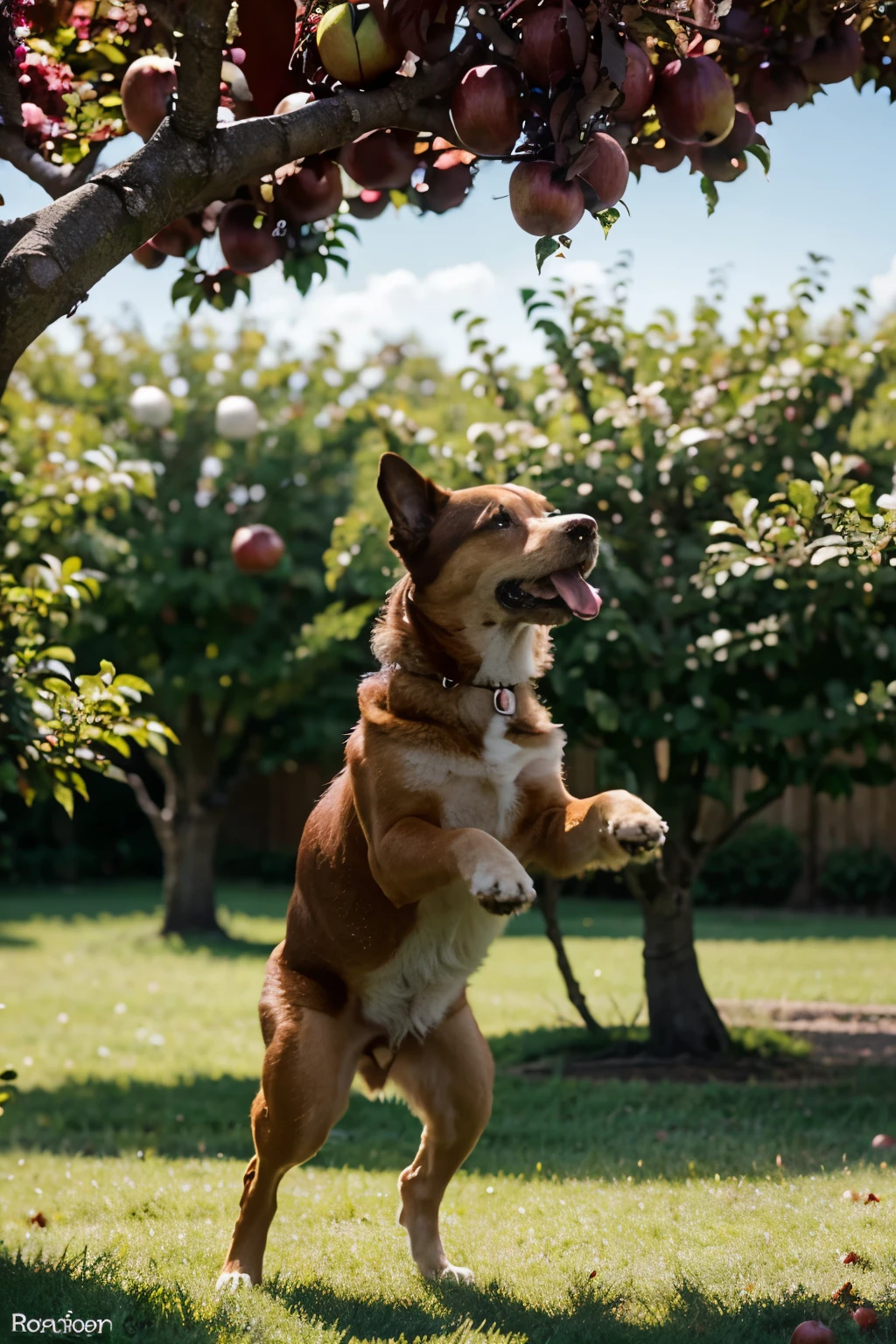 Create a clear image of a dog playing under an apple tree