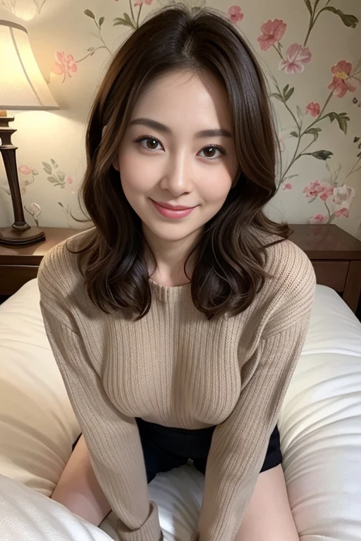 masutepiece, Best Quality, Illustration, Ultra-detailed, finely detail, hight resolution, 8K Wallpaper, Perfect dynamic composition, Beautiful detailed eyes, Medium Hair,Small breasts natural color lip, Bold sexy poses,Smile、20 years girl、Cute、Sexy shot looking at camera,futon bedding(Bet)Background: Wearing an oversized sweater