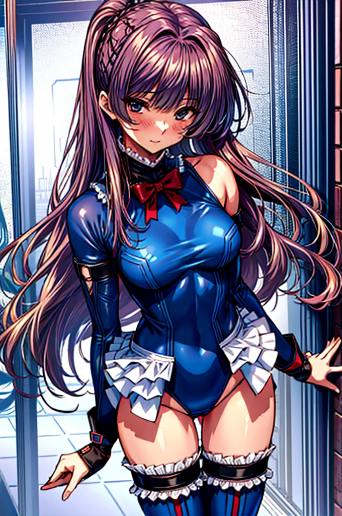 1 girl, ( (Digital) (8k ), medium breasts, (frilled swimsuit, thighhighs, detached sleeves)) , highest quality, marierose,1 girl,,,(Inside a futuristic research facility)