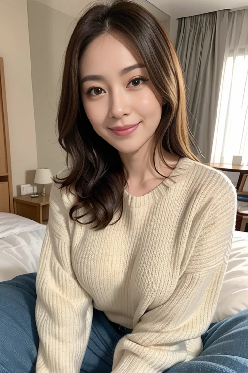 masutepiece, Best Quality, Illustration, Ultra-detailed, finely detail, hight resolution, 8K Wallpaper, Perfect dynamic composition, Beautiful detailed eyes, Medium Hair,Small breasts natural color lip, Bold sexy poses,Smile、20 years girl、Cute、Sexy shot looking at camera,futon bedding(Bet)Background: Wearing an oversized sweater
