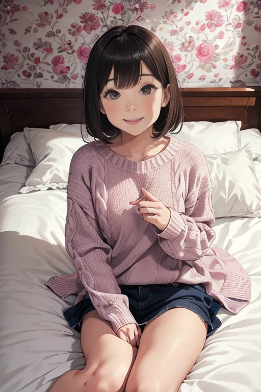 masutepiece, Best Quality, Illustration, Ultra-detailed, finely detail, hight resolution, 8K Wallpaper, Perfect dynamic composition, Beautiful detailed eyes, Medium Hair,Small breasts natural color lip, Bold sexy poses,Smile、20 years girl、Cute、Sexy shot looking at camera,futon bedding(Bet)Background: Wearing an oversized sweater