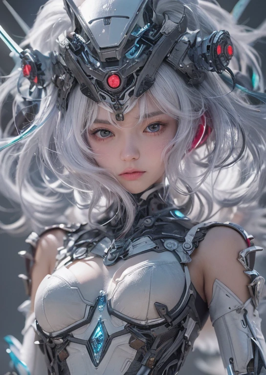 NSFW,((top quality、8k、masterpiece:1.3))Wears a silver-white mech,girl with delicate face,Highest image quality,Ultra-clear,Delicate and clear facial features,end of the world,Mechanical arm,Exquisitely detailed mechanical pattern,Cyberpunk characters、numbercity、number、century、throne、(((Completely naked)))