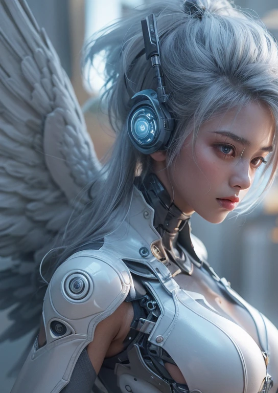 highest quality、masterpiece、Super high resolution、(Photoreal:1.4)、RAW photo、Cyborg Angel、large metal wings、white porcelain body、gray hair、glowing skin、1 cyborg girl、((Super realistic details))、Portrait、global illumination、Shadow、octane rendering、8K、super sharp、character edge light,big breasts、The bare skin of the cleavage is exposed、intricate decorative details、Detailed hydraulic cylinders from Sumer、small led lamp、very intricate details、realistic light、purple eyes、shining eyes、towards the camera、neon details、cowboy shot、futuristic headgear、About Cyberpunk、、