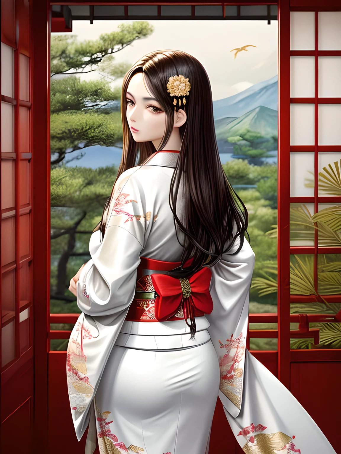 (Beautiful model in Japanese kimono commercial, beautiful straight long black hair), solo, ((face is 80% beauty and elegance, 20% pretty and cute:1.5)), clear eyes, (detailed eyes, light green eyes, bright pupils), Double Eyelids, (sexy lips with a little thickness:1.2), ((super detailed and incredibly high resolution Deep-white Kimono:1.2)), Highly Detailed Face Texture, striking body shape, curvy and very attractive woman, high-resolution RAW color photo pro photo, BREAK ultra high-resolution textures, High-res body rendering, big eyes, unparalleled masterpiece, incredible high resolution, super detailed, stunning ceramic skin, BREAK ((Facing back to show the pattern of the Kimono:1.5)), ((Wearing a white kimono with plenty of glittering gold embroidery of a rising-chinnese-dragon:1.5)), ((The white kimono has a very dazzling embroidery of a rising-chinnese-dragon:1.2)), (Finely crafted and sensual Japanese kimono), ((The embroidery pattern is a Chinese-dragon rising to the sky):1.2), ((elaborately and elegantly decorated White Kimono)), (Taken in front of a round fusuma window in a Japanese-style room)), BREAK ((Best Quality, 8k)), Crisp Focus:1.2, (Layer Cut, Big:1.2), (Beautiful Woman with Perfect Figure:1.4), (Beautiful and elegant rear view:1.3), Slender waist, (Correct hand shape:1.5), (Full body shot | cowboy shot)