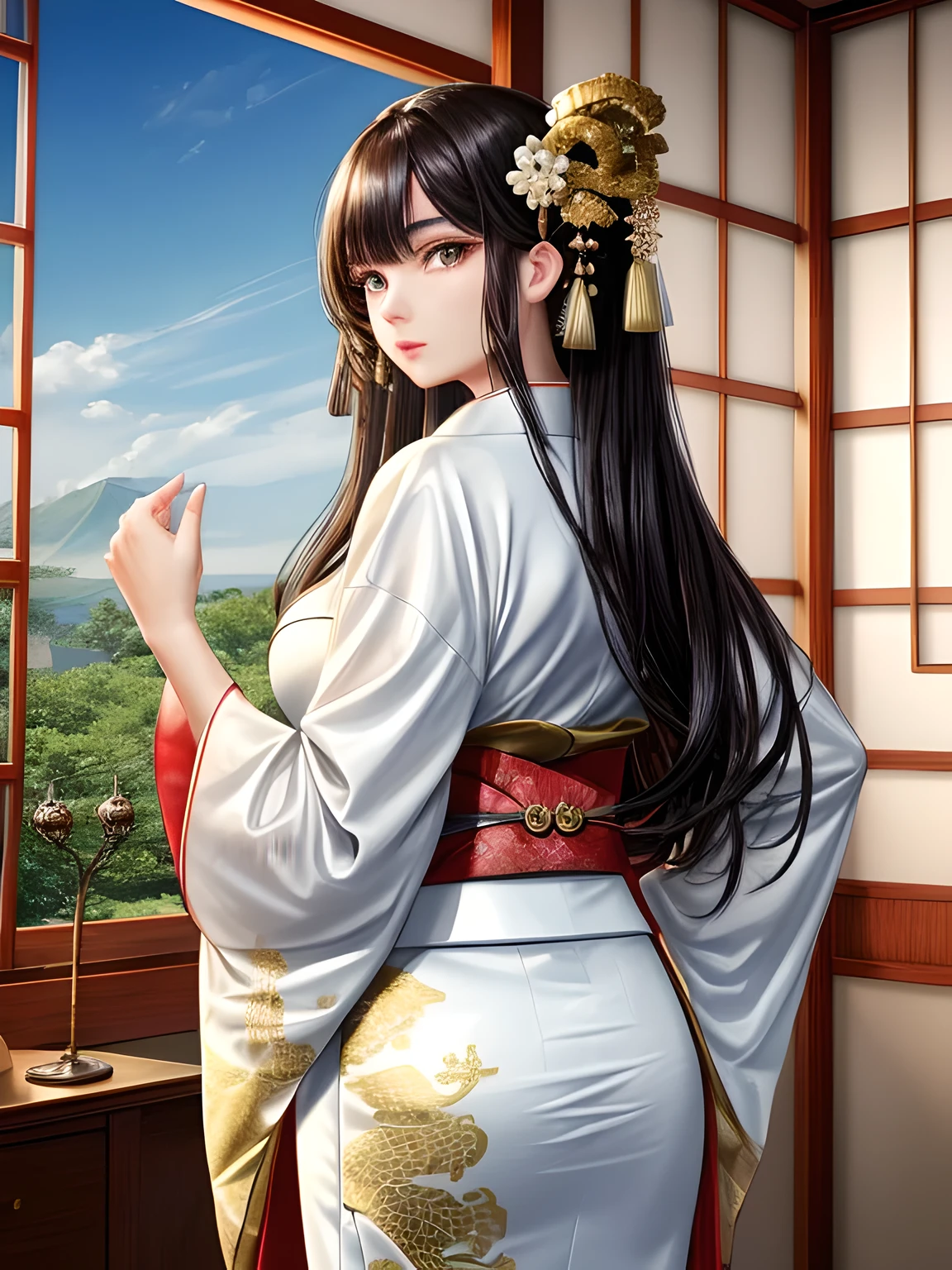 (Beautiful model in Japanese kimono commercial, beautiful straight long black hair), solo, ((face is 80% beauty and elegance, 20% pretty and cute:1.5)), clear eyes, (detailed eyes, light green eyes, bright pupils), Double Eyelids, (sexy lips with a little thickness:1.2), ((super detailed and incredibly high resolution Deep-white Kimono:1.2)), Highly Detailed Face Texture, striking body shape, curvy and very attractive woman, high-resolution RAW color photo pro photo, BREAK ultra high-resolution textures, High-res body rendering, big eyes, unparalleled masterpiece, incredible high resolution, super detailed, stunning ceramic skin, BREAK ((Facing back to show the pattern of the Kimono:1.5)), ((Wearing a white kimono with plenty of glittering gold embroidery of a rising-chinnese-dragon:1.5)), ((The white kimono has a very dazzling embroidery of a rising-chinnese-dragon:1.2)), (Finely crafted and sensual Japanese kimono), ((The embroidery pattern is a Chinese-dragon rising to the sky):1.2), ((elaborately and elegantly decorated White Kimono)), (Taken in front of a round fusuma window in a Japanese-style room)), BREAK ((Best Quality, 8k)), Crisp Focus:1.2, (Layer Cut, Big:1.2), (Beautiful Woman with Perfect Figure:1.4), (Beautiful and elegant rear view:1.3), Slender waist, (Correct hand shape:1.5), (Full body shot | cowboy shot)