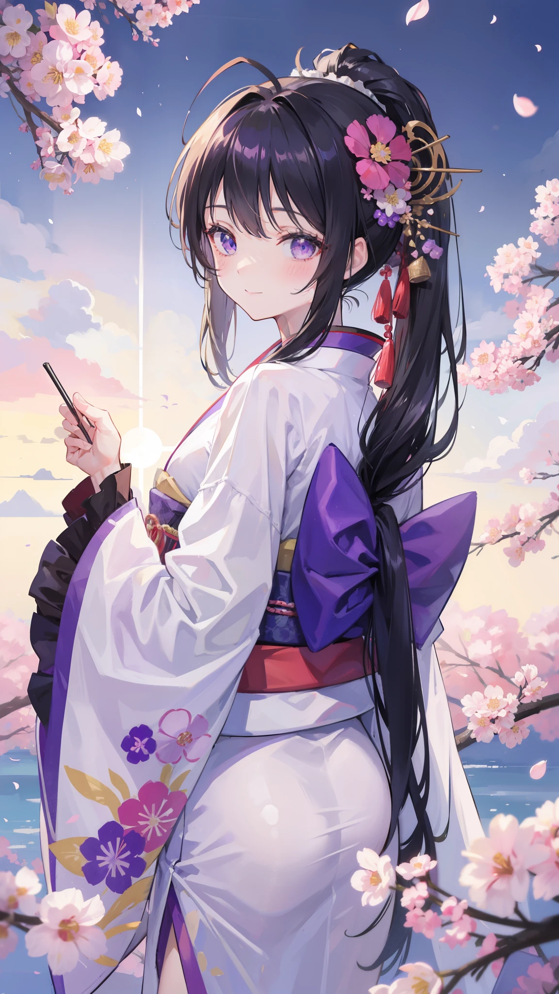 32k, 1girl, solo, long hair, looking at viewer, blush, smile, bangs, hair ornament, long sleeves, closed mouth, standing, ponytail, flower, japanese clothes, hair flower, wide sleeves, kimono, sash, depth of field, Japanese style background, obi, antenna hair, high ponytail, pink flower, purple flower, purple kimono, zouri,