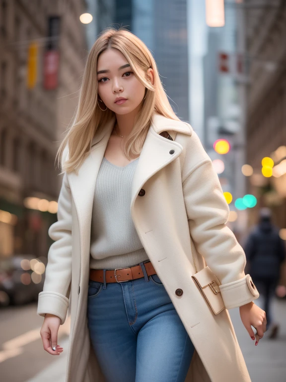 woman long blond hair, hapiness, white jean, white long coat, belt, bracelet, leather case, rivet, Walk the city streets，There was an explosion behind him, night, poster.