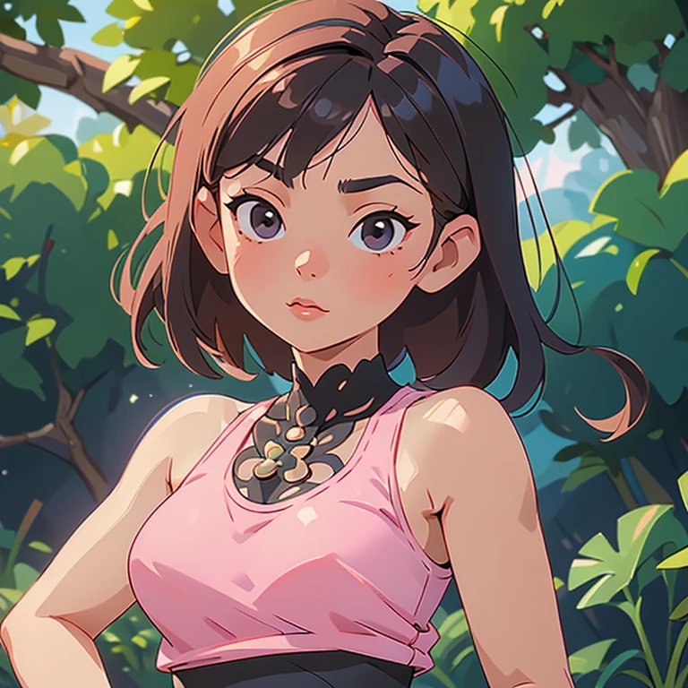 RAW, Best quality, high resolution, Masterpiece: 1.3), Beautiful Malay woman, Masterpiece, Plump body, (smallest breasts), Beautiful big eyes, Soft smile, short pixie hair. Masterpiece:1.2, Best quality), Realistic, (Real picture, Intricate details, Depth of field,Pink Tank top, Black hotpants, Tight dress, Close-up of people, Hi-Def, photorealistic perfect body, very very very realistic,(Panoramic camera), parted lip, highly detailed, Perfect face, Perfect body, Large models, Tall, Long legs, Natural background bokeh