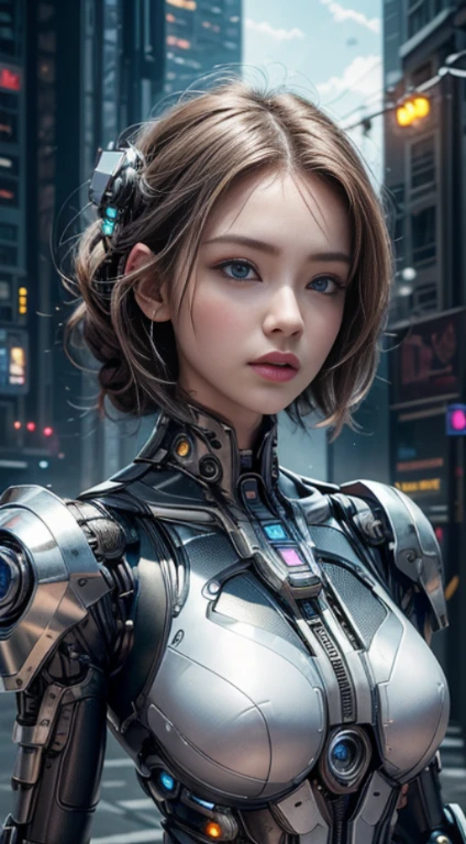 (best quality,4K,8k,high resolution,masterpiece:1.2),Super detailed,(actual,photoactual,photo-actual:1.37),science fiction,Mechanical,cyberpunk,girl with cybernetic enhancements,Beautiful and delicate eyes,Beautiful and delicate lips,extremely detailed face,long eyelashes,Silver metal skin,glowing neon lines,Reflective surface,futuristic cityscape in background,flying cars,hover buildings,Advanced technology,High-tech products,Color holographic projection,bright colors,blue and purple color scheme,dramatic lighting,Her enhancements glow with vitality.