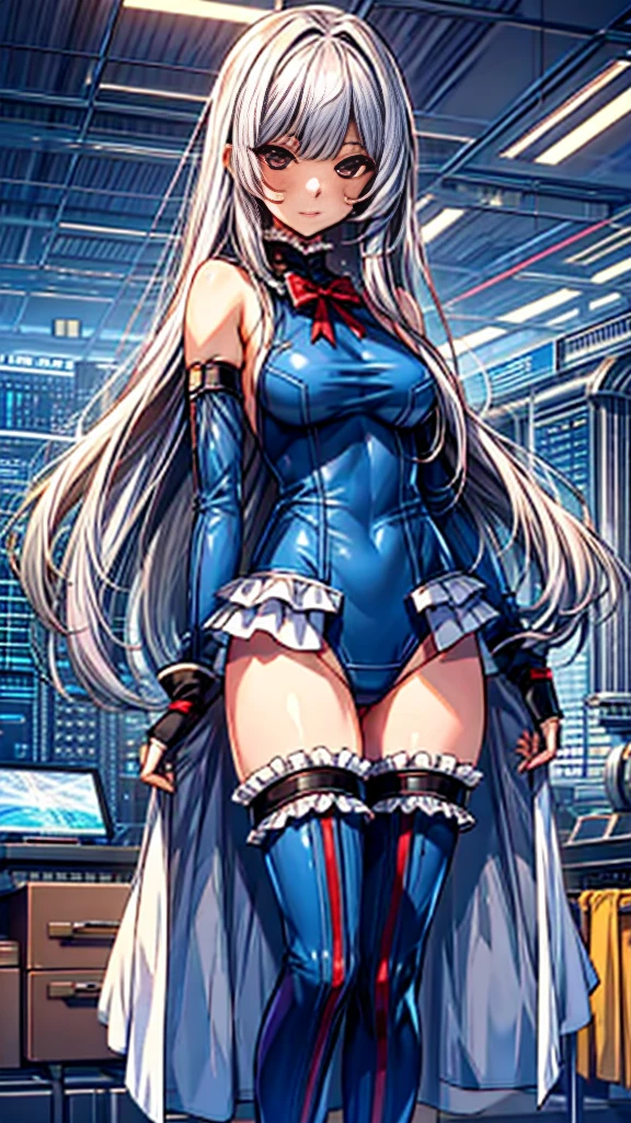 1 girl, ( (Digital) (8k ), ??????????????, (frilled swimsuit, thighhighs, detached sleeves)) , highest quality, marierose,1 girl,,,(Inside a futuristic research facility)