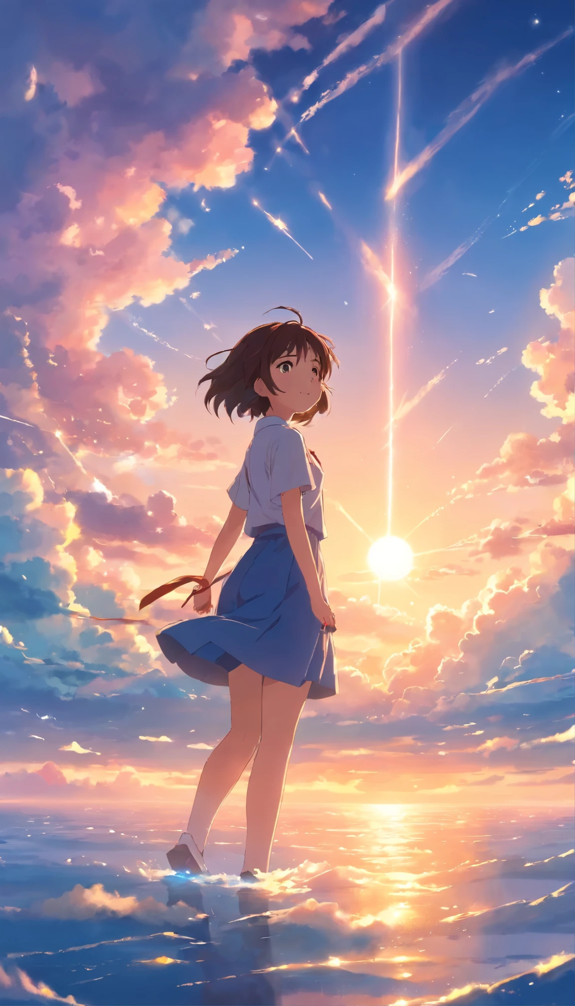 masterpiece, best quality, movie still, 1girl, cloud girl, floating in the sky, close-up, bright, happy, warm soft lighting, sunset, (sparks:0.7)
