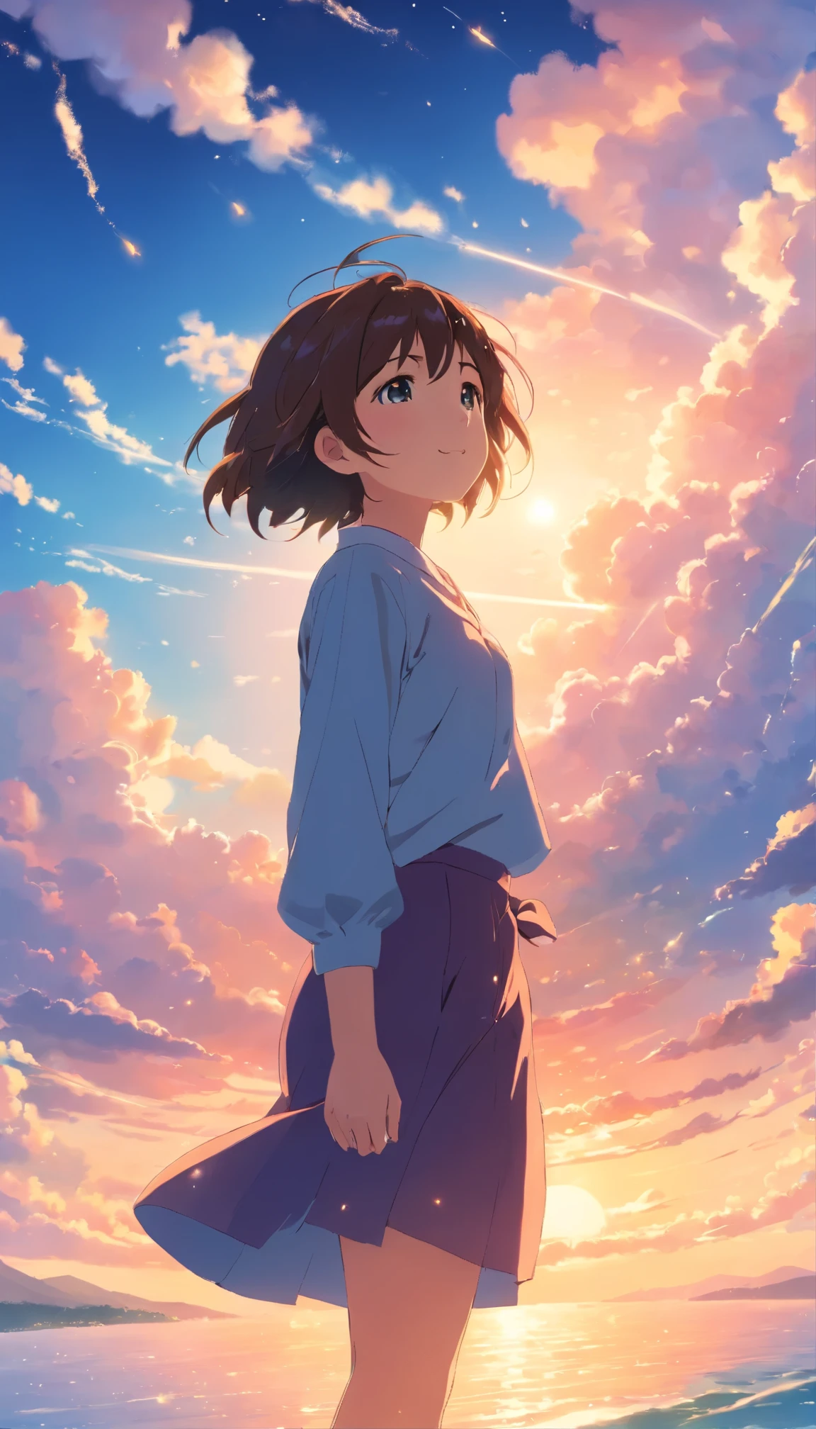 masterpiece, best quality, movie still, 1girl, cloud girl, floating in the sky, close-up, bright, happy, warm soft lighting, sunset, (sparks:0.7)