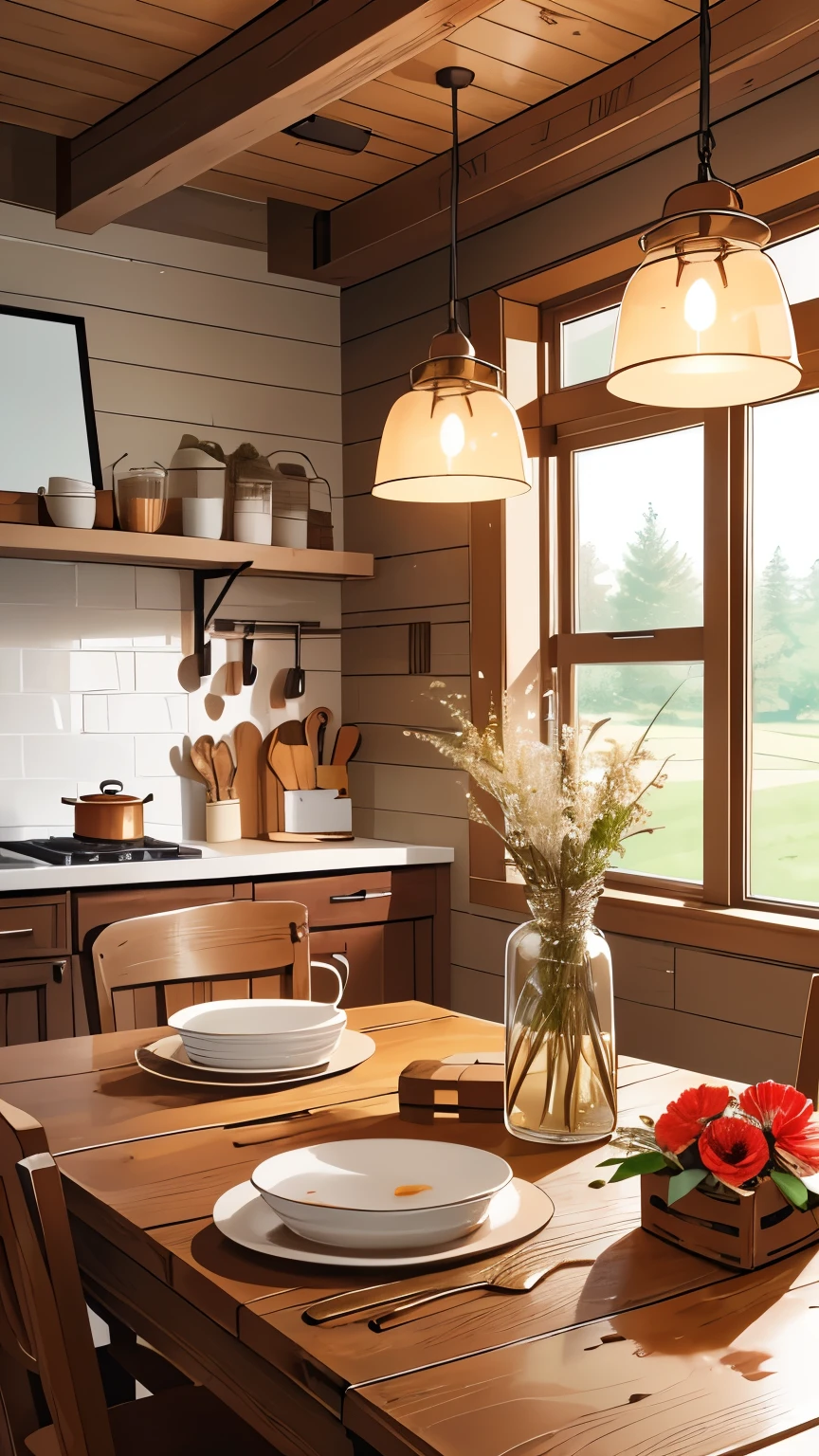 Editorial Style photo, Cozy lighting, Rustic, Farmhouse kitchen, Farmhouse table with fresh flowers, Weathered wood and vintage ceramics, Close-up of a steaming mug of coffee, Warm and inviting color palette with hints of red and gold, Vintage farmhouse decor brand, Soft warm lighting with pendant lights, Rural countryside, Evening, Homey and nostalgic, Farmhouse architecture —ar 16:9 —s 500