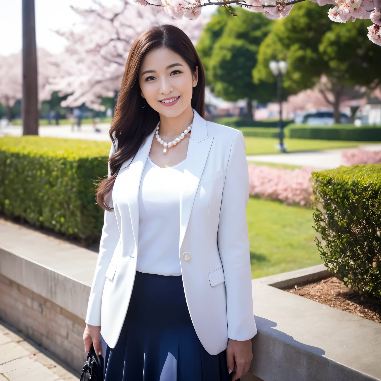 ((table top、highest quality、best image quality、In 8K、Award-winning work))、(1 photo:1.3)、(very bright:1.1)、(very refreshing atmosphere:1.1)、(One 45 year old mature woman standing with school in the background:1.3)、best smile、(Elegant white suit and innerwear:1.2)、(perfect white suit:1.2)、(White tight skirt with no creases:1.2)、(perfect and precise pearl necklace:1.2)、(The background is a rectangular school building with four floors:1.2)、(Modern four-storey rectangular school:1.2)、(Reinforced Concrete Square School:1.2)、(Clean square window glass:1.1)、(new and beautiful school:1.1)、Clear and beautiful sky、Elegant and beautiful long wavy hair、hair swaying in the wind、(refreshing sunshine:1.1)、(Many cherry blossoms are in full bloom:1.1)、(perfect makeup)、lipstick、Look at me、best smile、upper body photo、(Plump body:1.2)、super fine、Detailed and complex background、perfect anatomy、(High saturation 1:1)、swollen chest