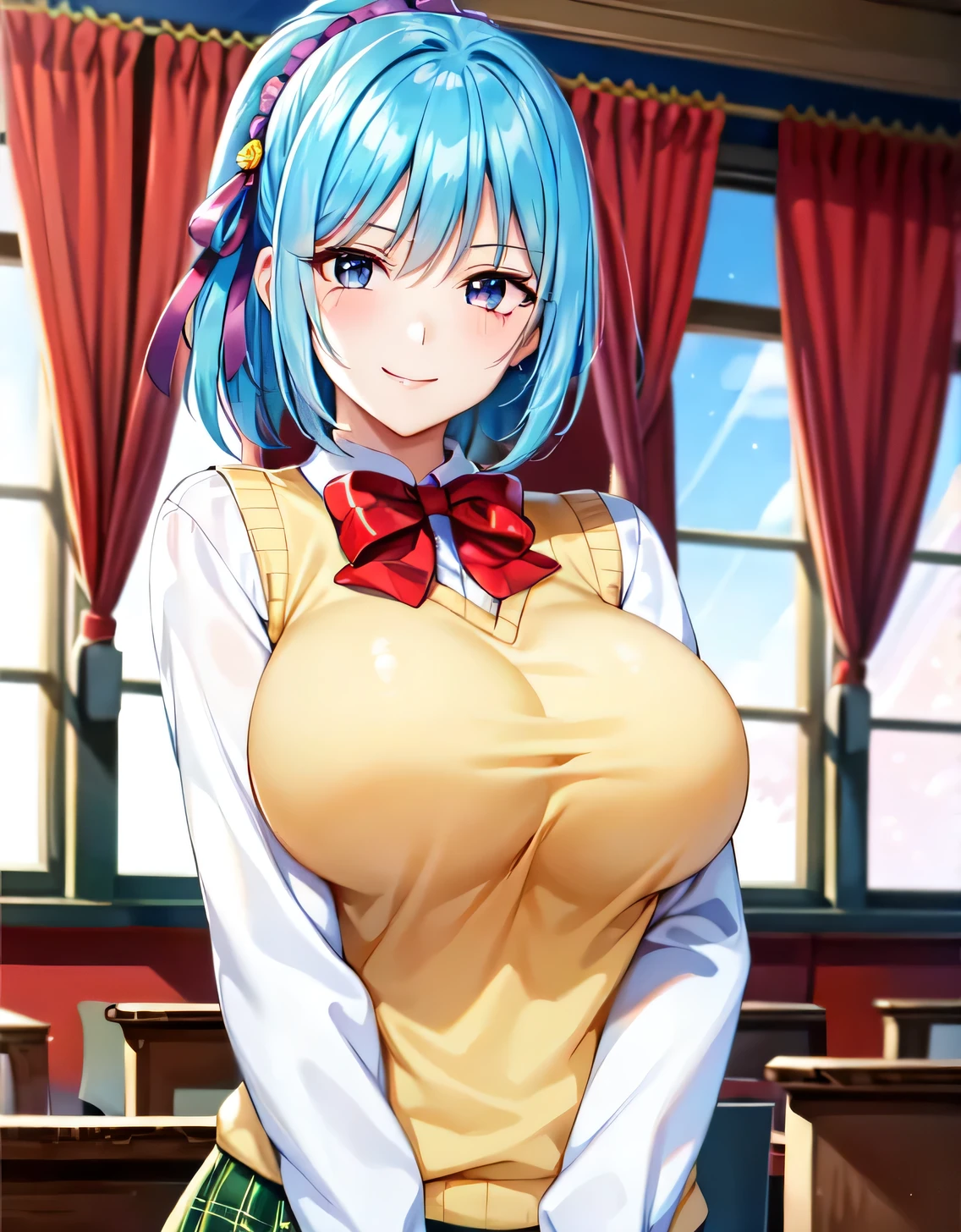 ultra-detailed,kurumu,1girl,light blue hair, purple eyes,yellow sweater vest, white shirt, ((red bow:1.2)), (green plaid skirt),smile,purple headdress,long sleeves,ponytail,short hair,(purple ribbon:1.1),(Large breasts:1.5),Looking at Viewer,Standing,(((masterpiece))),((Best Quality)),Perfect Anatomy,8K UHD,extremely detailed face,gloss and shiny,((1girl)),((Solo)),Beautiful detailed eyes,perfect Image,(Upper body:1.1),(Look at the front:1.1),Arms behind back,Slim waist,(shiny hair),classroom,