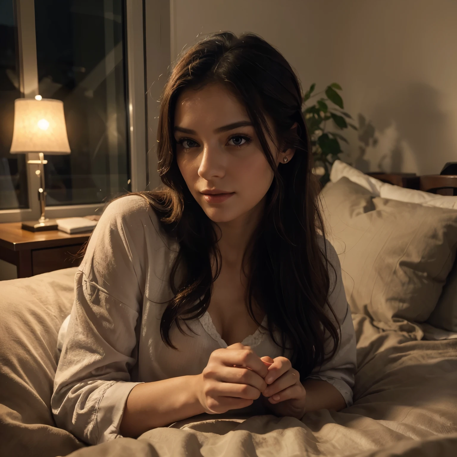 (best quality,4k,8k,highres,masterpiece:1.2),ultra-detailed,(realistic,photorealistic,photo-realistic:1.37),girl in a pyjama laying in bed,beautiful detailed eyes,beautiful detailed lips,dark, blue and violet lights,soft and cozy pyjama,comfortable bed and pillows,peaceful atmosphere,calm expression on her face,gently flowing hair,long eyelashes,relaxing environment,nighttime scene,subtle shadows,soft and diffused lighting,vivid colors,serene ambiance,pleasing composition,dreamy atmosphere