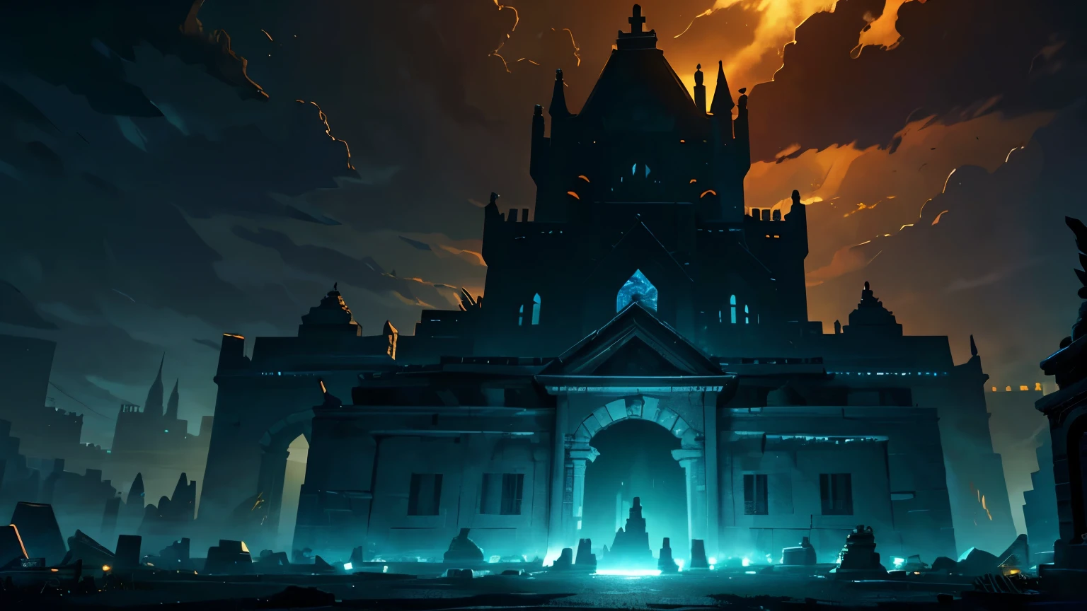 dark upper light fantasy landscape stone building abandoned building buildings altar orange light decay end of the world