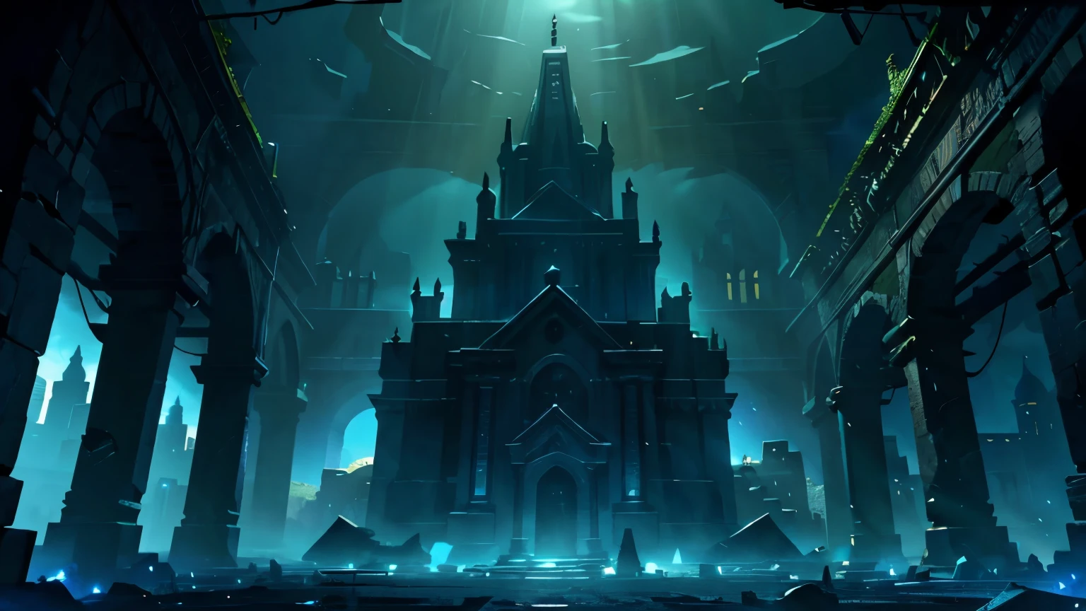 dark upper light fantasy landscape stone building abandoned building buildings altar orange light decay end of the world