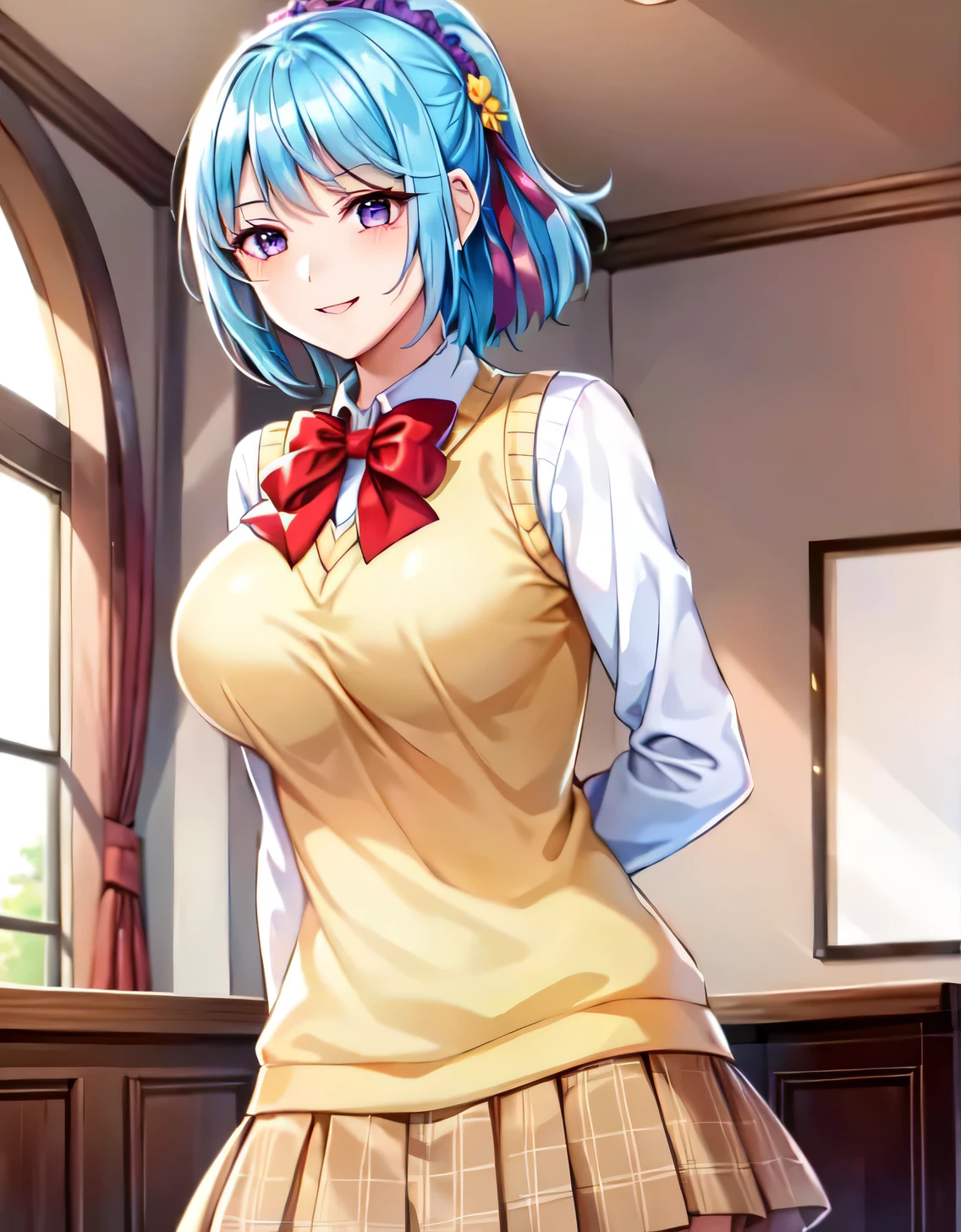 ultra-detailed,kurumu,1girl,light blue hair, purple eyes,yellow sweater vest, white shirt, ((red bow:1.2)), (green plaid skirt),smile,purple headdress,long sleeves,ponytail,short hair,(purple ribbon:1.1),(Large breasts:1.5),Looking at Viewer,Standing,(((masterpiece))),((Best Quality)),Perfect Anatomy,8K UHD,extremely detailed face,gloss and shiny,((1girl)),((Solo)),Beautiful detailed eyes,perfect Image,(Upper body:1.1),(Look at the front:1.1),Arms behind back,Slim waist,(shiny hair),classroom,