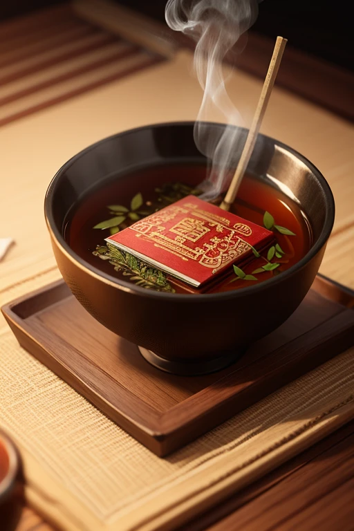 Chinese herbal tea with an incense packet on top