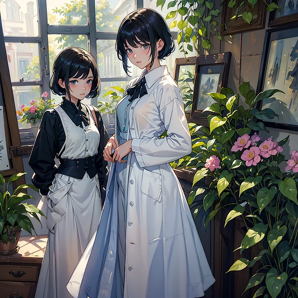 ((Watercolor by singer Sargent))、(highest quality、masterpiece)、1 girl、17 years old、wonderful、short black hair、black eye、small breasts、uniform、long skirt、Wearing a lab coat、Geoscience Research Laboratory、鉱物標Book、Book、machine、Labware、Floral、window、Foliage plant、 wood、soft light、