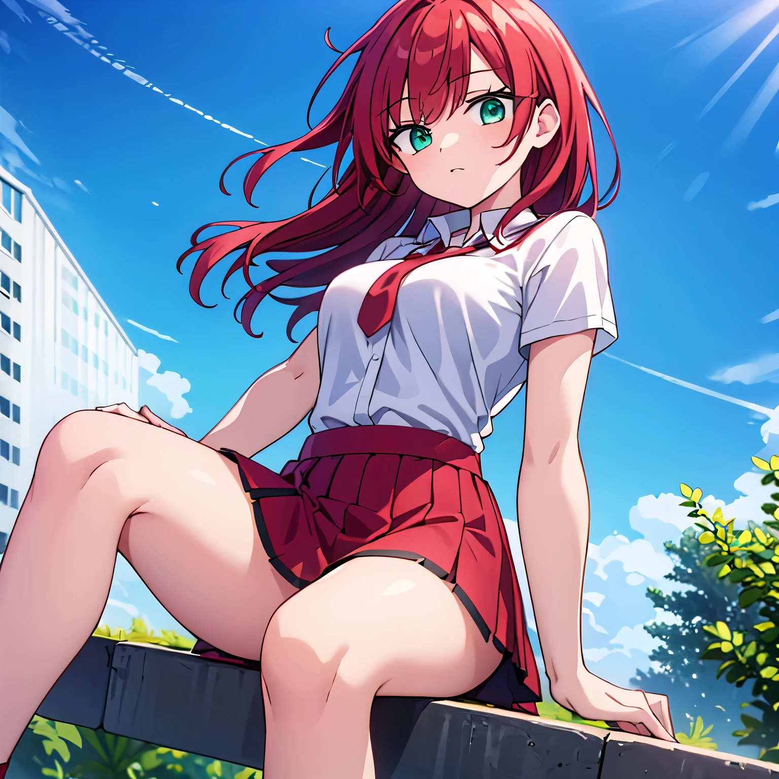 Red hair green eyes Cross-legged short piece mini skirt high school student