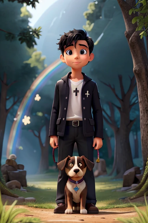 a boy with a dog with black hair with a white cross on his chest in a beautiful forest with rainbows in front of a magical portal