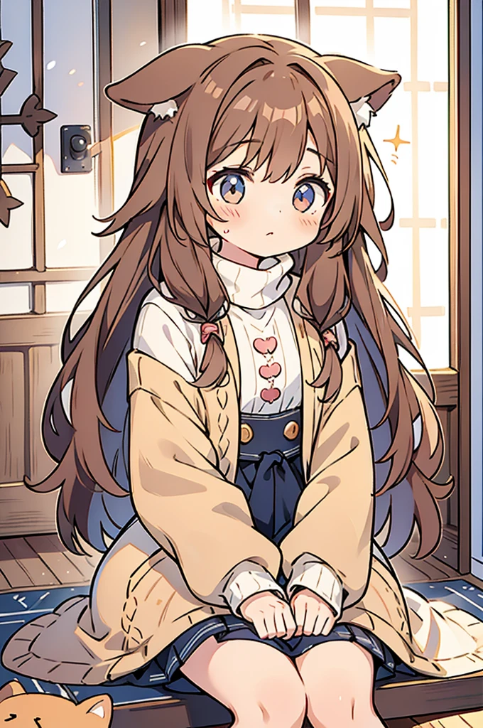 1 girl in、Light brown hair、Longhaire、fluffy hair、Canine ears、Dog tail、sitting on、knitted sweater、cute little、Wearing oversized clothing、Sleepy face、I'm out of the way、Rori、Interior exposed to light、Warm interior、in a house、top-quality、Masterpiece
