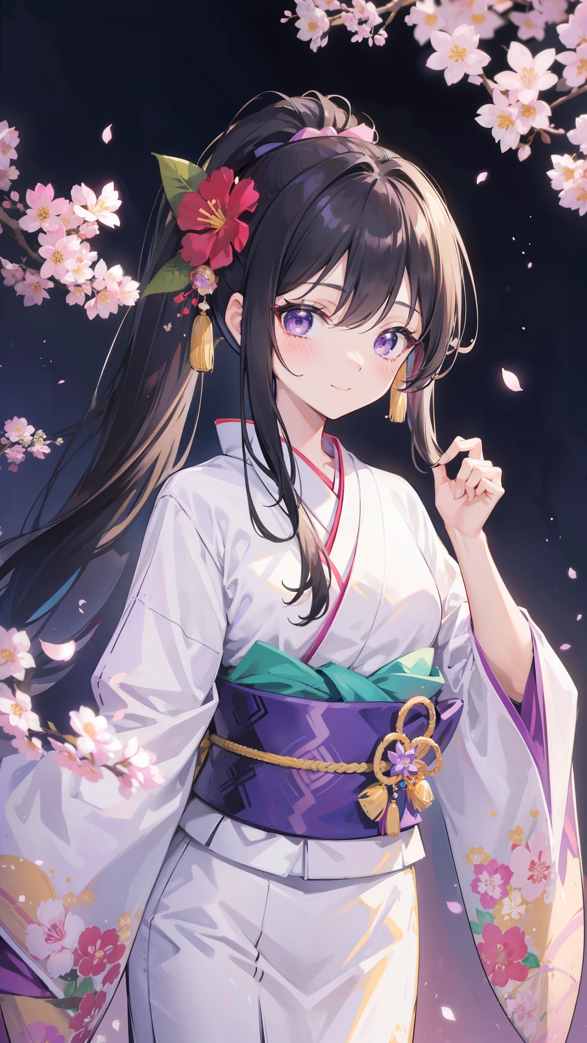 32k, 1girl, solo, long hair, looking at viewer, blush, smile, bangs, hair ornament, long sleeves, closed mouth, standing, ponytail, flower, japanese clothes, hair flower, wide sleeves, kimono, sash, depth of field, （Japanese style background）, obi, antenna hair, high ponytail, pink flower, purple flower, purple kimono, zouri,